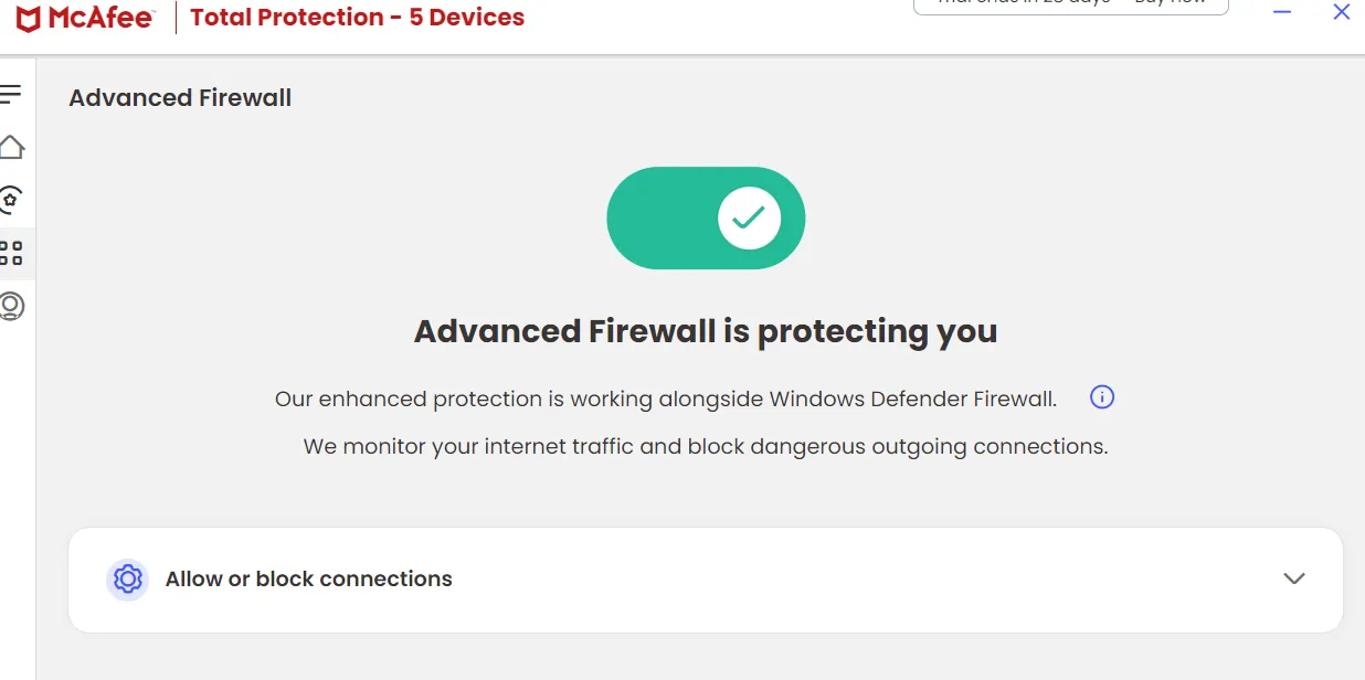 A snapshot showing McAfee firewall on a Windows app 
