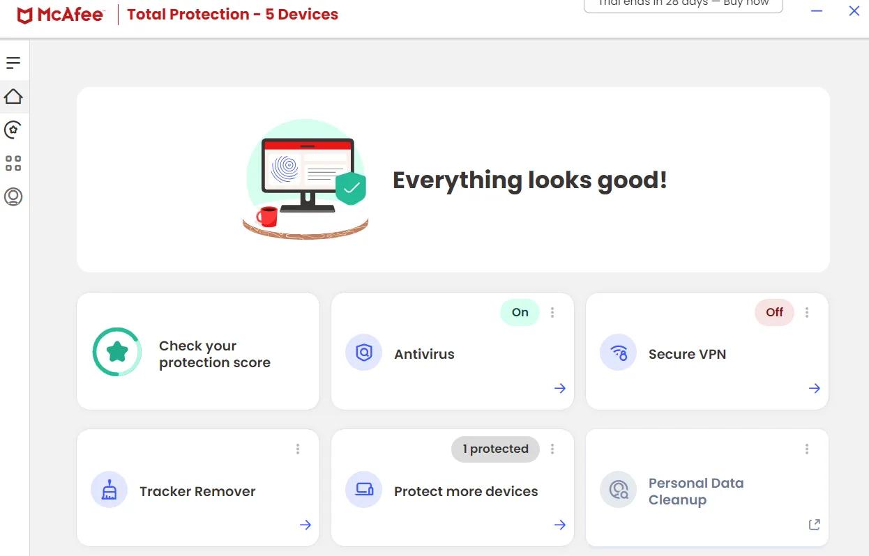 A snapshot of the Windows app dashboard showing threats fixed after a full scan