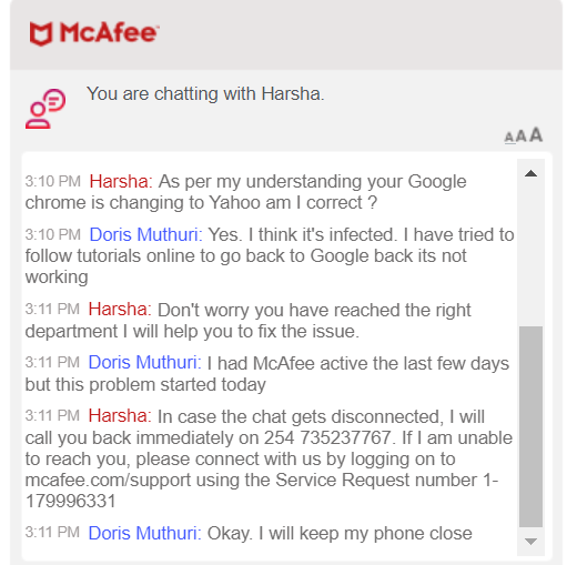 A snapshot showing McAfee’s customer support response 