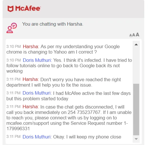 A snapshot showing McAfee’s customer support response 