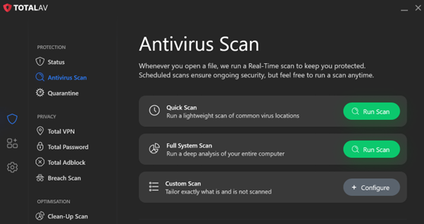 A screenshot showing TotalAV’s dashboard with the scan options