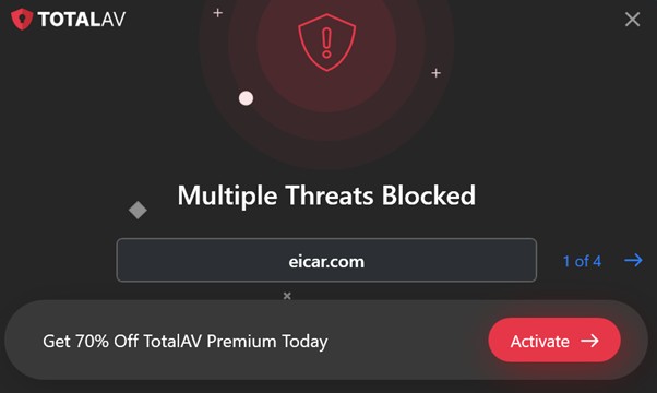 A screenshot showing TotalAV’s Real-Time Protection blocking multiple malware threats