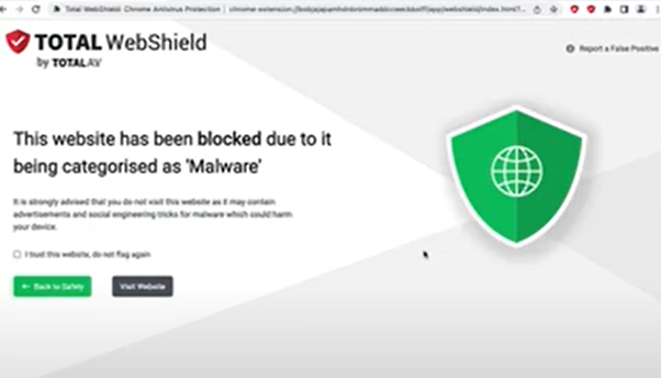 A snapshot showing TotalAV blocking access to sites with malware