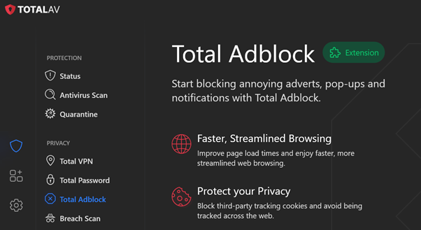 A screenshot showing TotalAV’s dashboard with Adblcok active