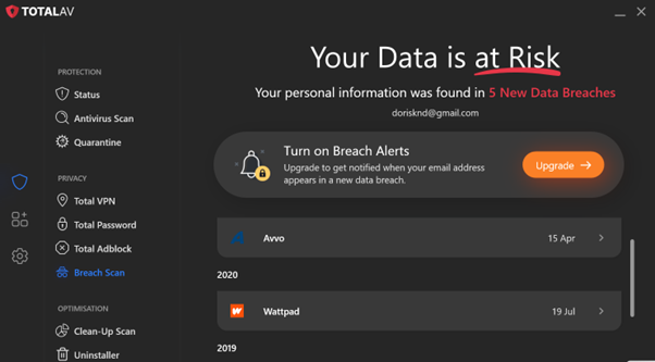 A screenshot showing TotalAV’s Breach scan results