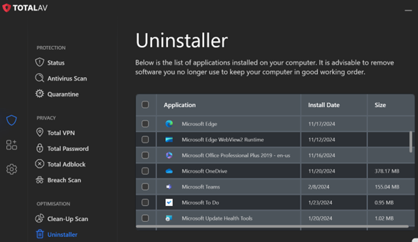 A screenshot showing TotalAV’s Uninstaller scan results