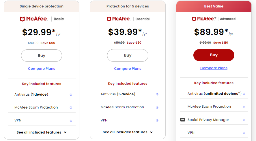 A snapshot showing McAfee’s Satrater basic 3 pricing packages 