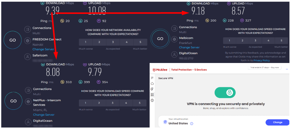 Screenshot of Ookla speed test results while connected to server in Germany and the US
