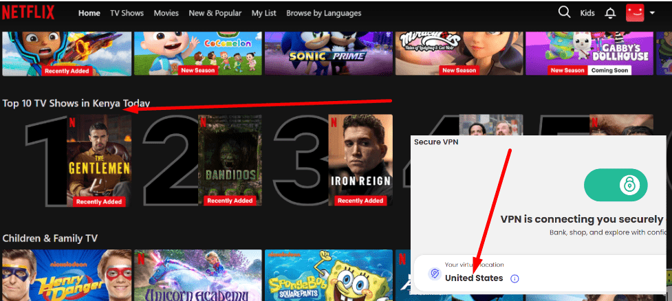 A snapshot of the Netflix homepage showing McAfee Secure VPN unable to unblock other libraries 