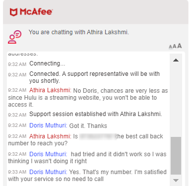 A screenshot of a chat page showing a response from McAfee customer support