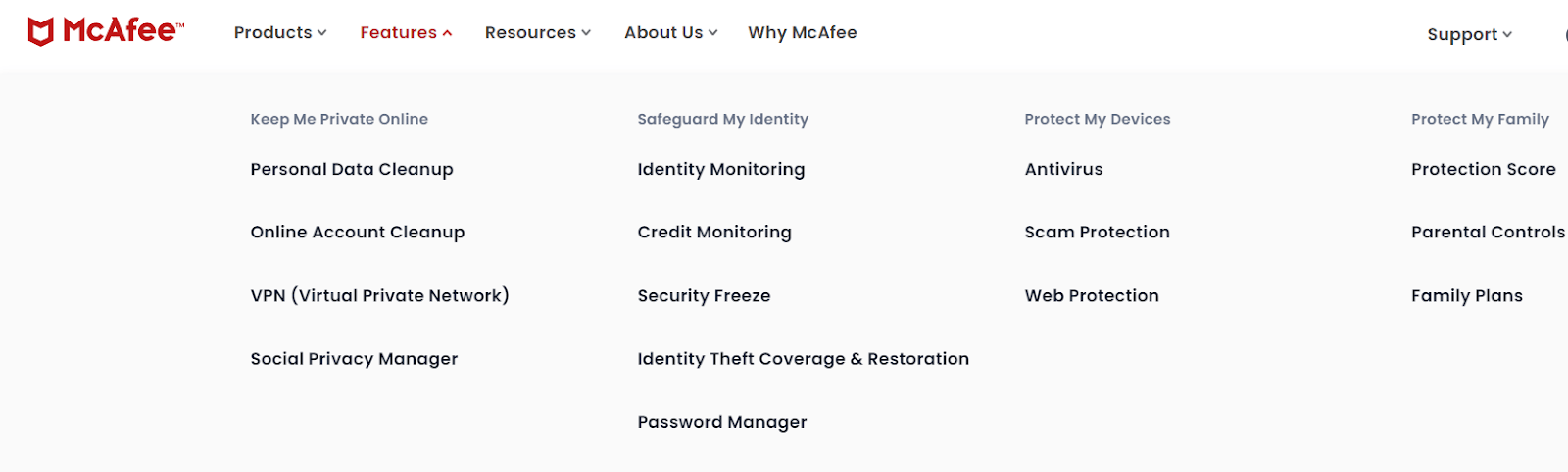 A screenshot of McAfee homepage showing all the services offered 